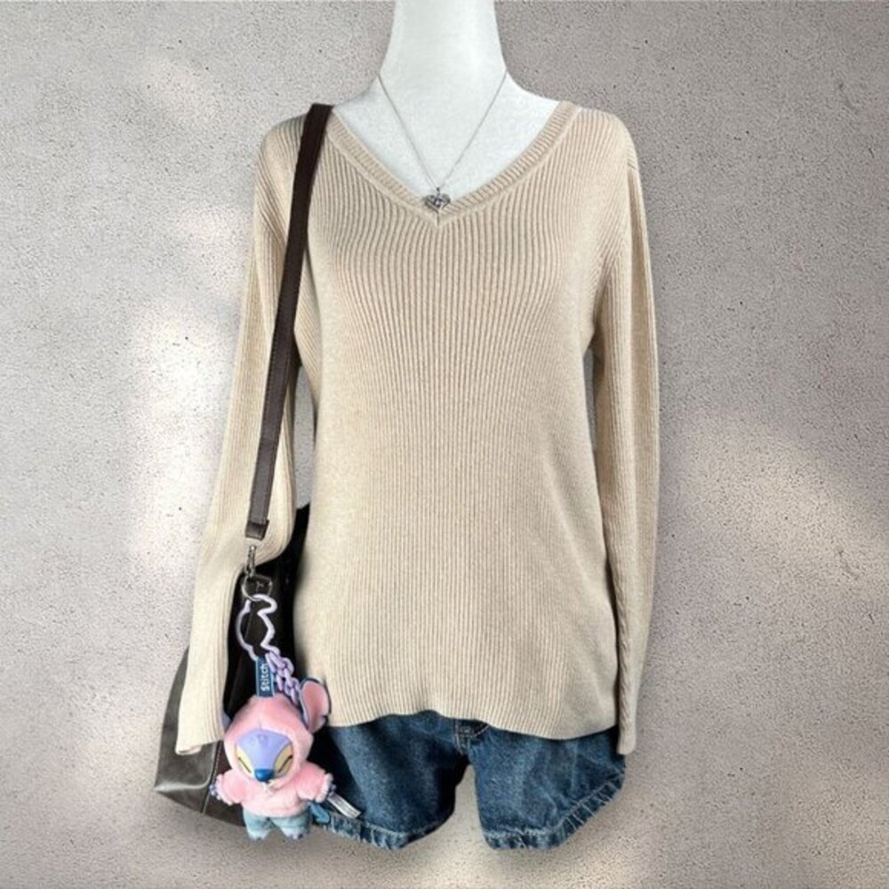 Karen Scott Pullover Sweater Women’s Small Cream Ribbed Marled V Neck Preppy Y2K
